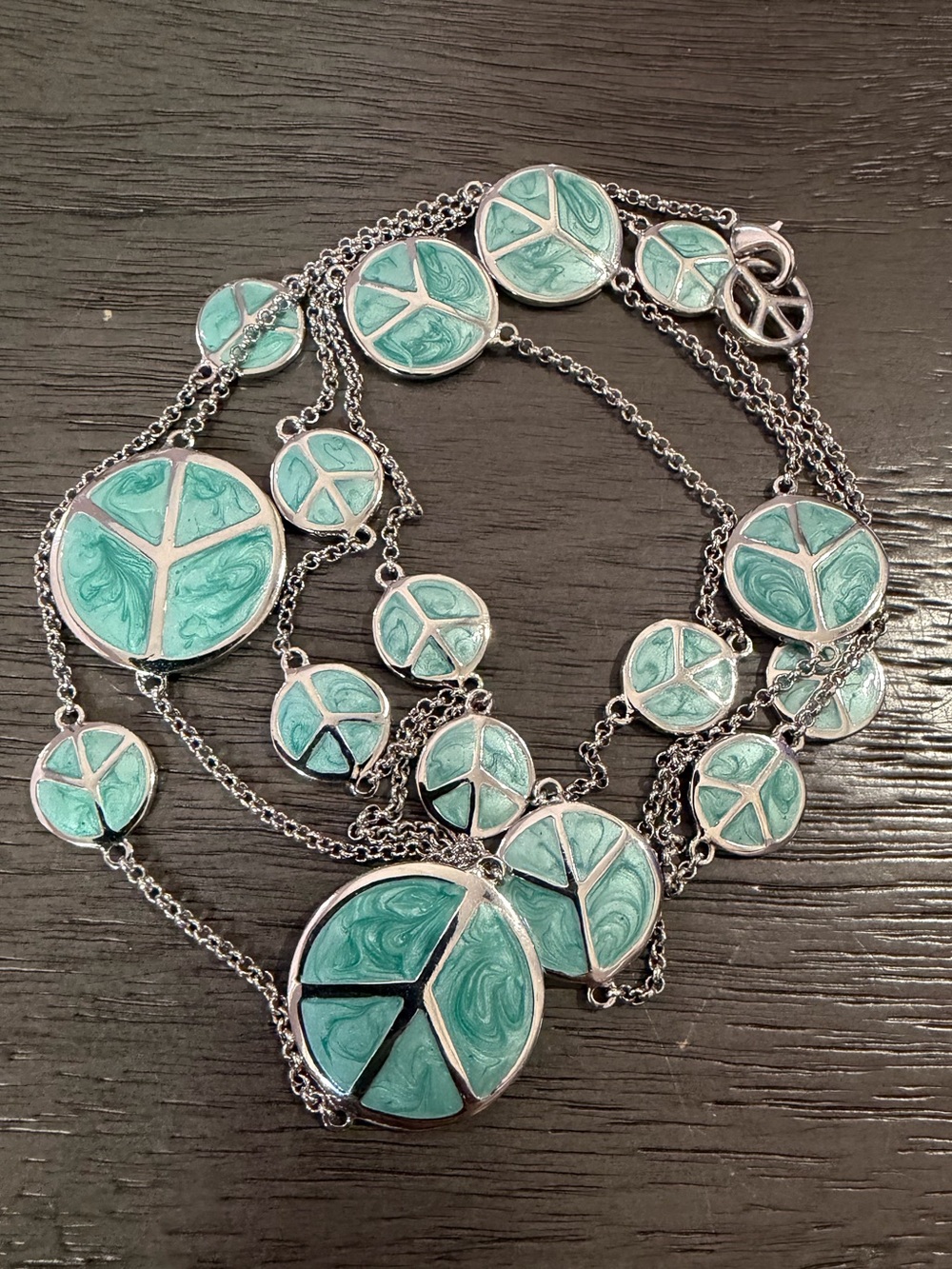 Silver-toned Enamel Peace Sign Long Statement Necklace - Turquoise / Teal